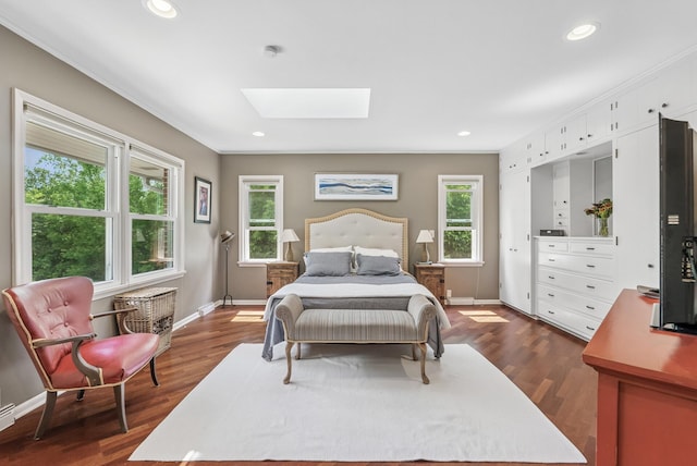 6413 Mendelssohn Ln, Edina, MN 55343 - bedroom featuring a skylight, multiple windows, baseboards, dark wood-style floors, and recessed lighting