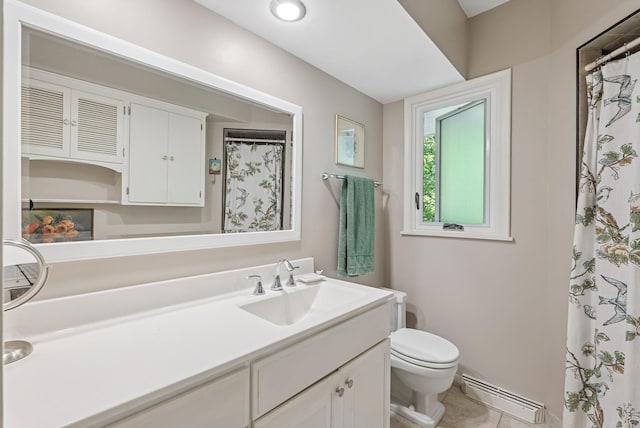 6413 Mendelssohn Ln, Edina, MN 55343 - full bathroom featuring a baseboard radiator, vanity, toilet, tile patterned floors, and baseboards