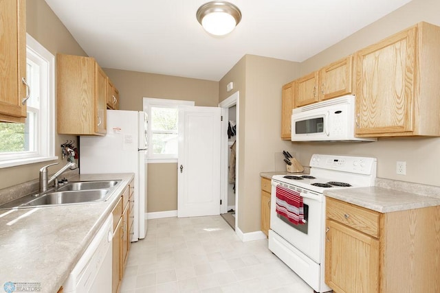 1342 10th St N, Fargo, ND 58102 - kitchen with white appliances, light brown cabinetry, a sink, and healthy amount of natural light