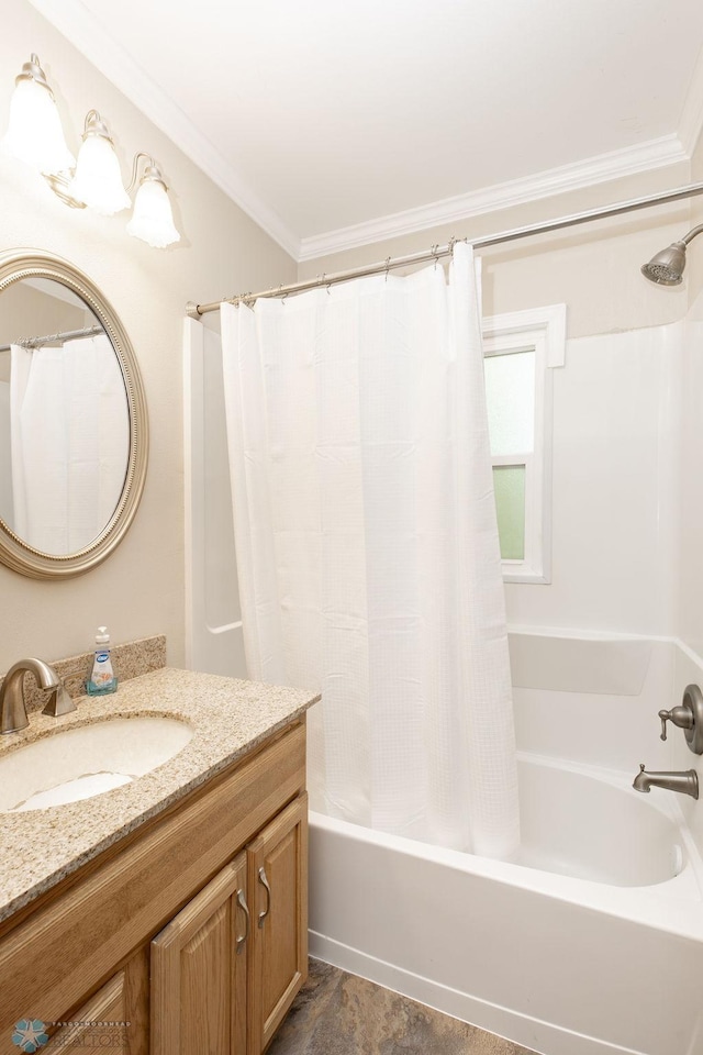 1342 10th St N, Fargo, ND 58102 - bathroom with vanity, ornamental molding, and shower / bath combo