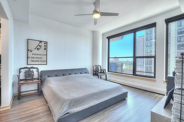 740 Portland Ave Unit 1005, Minneapolis, MN 55415 - bedroom with wood finished floors, baseboards, baseboard heating, and ceiling fan