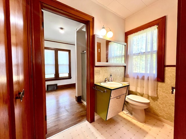 508 2nd Ave, Goodhue, MN 55027 - bathroom with tile patterned floors, ornamental molding, vanity, toilet, and baseboards