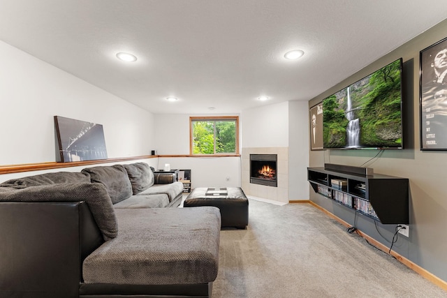 1533 Roundhouse Cir, Shakopee, MN 55379 - carpeted living area featuring recessed lighting, baseboards, and a tiled fireplace