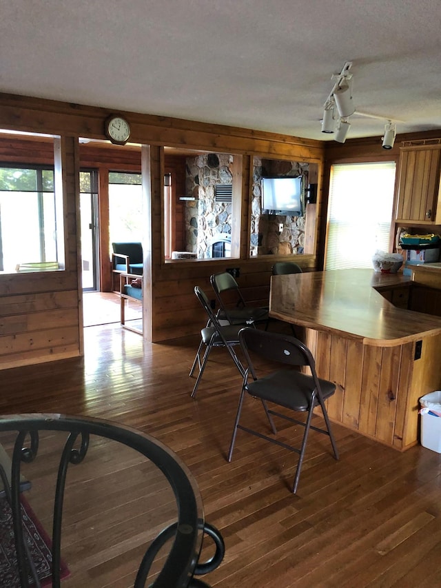 43923 Vista Rd, Isle, MN 56342 - dining area with hardwood / wood-style floors, rail lighting, wooden walls, and a textured ceiling