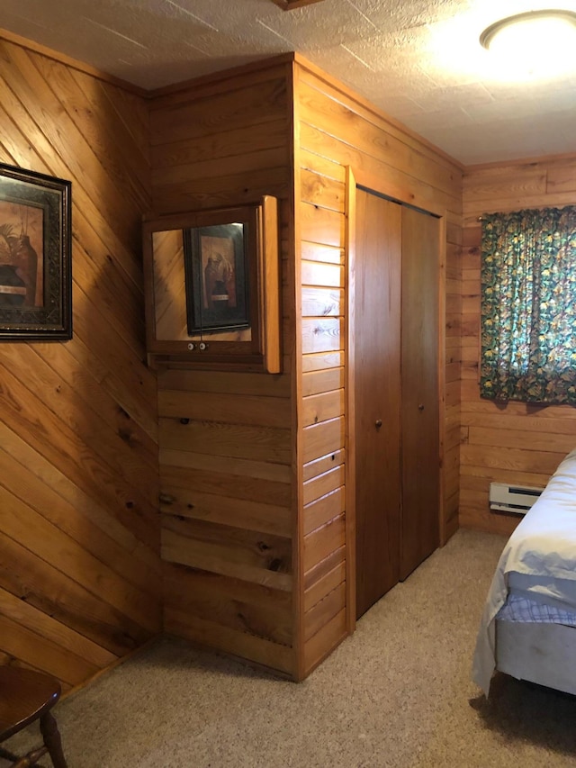 43923 Vista Rd, Isle, MN 56342 - carpeted bedroom featuring wooden walls, baseboard heating, and a closet