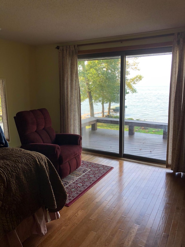 43923 Vista Rd, Isle, MN 56342 - bedroom featuring access to outside, hardwood / wood-style flooring, and a water view