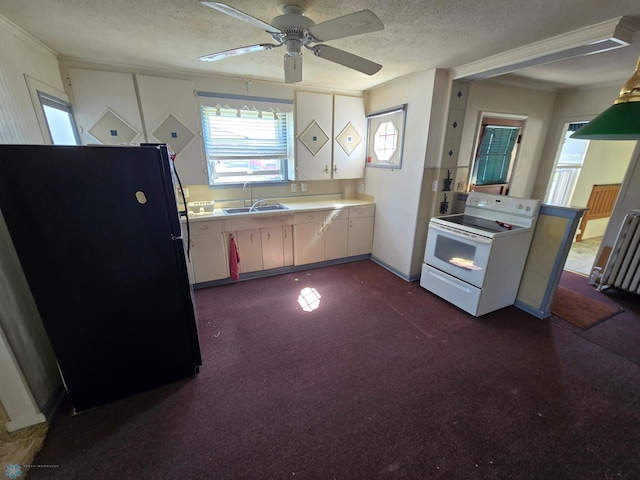 310 20th St N, Fargo, ND 58102 - kitchen featuring freestanding refrigerator, white electric range, ornamental molding, a sink, and a textured ceiling