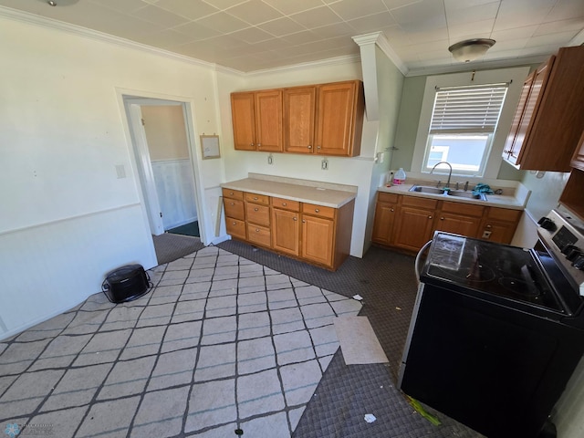 310 20th St N, Fargo, ND 58102 - kitchen with electric range oven, ornamental molding, a sink, light countertops, and brown cabinetry