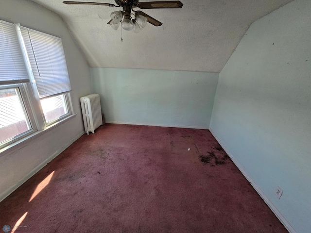 310 20th St N, Fargo, ND 58102 - additional living space featuring radiator heating unit, vaulted ceiling, a ceiling fan, carpet, and a textured ceiling