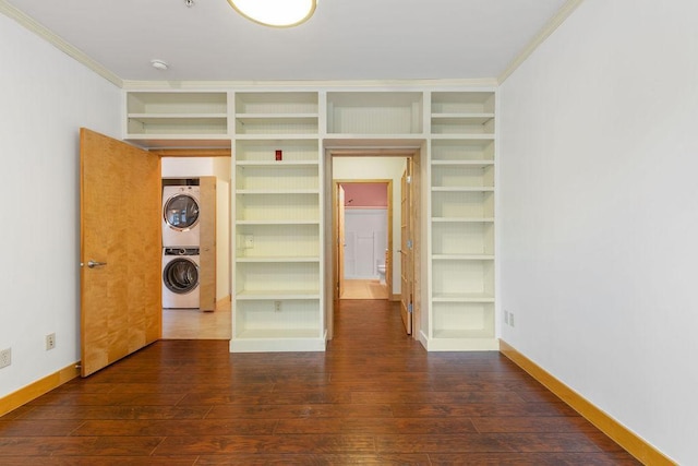 4500 Chicago Ave Unit 103, Minneapolis, MN 55407 - interior space featuring stacked washer / drying machine, ornamental molding, hardwood / wood-style flooring, and baseboards