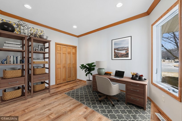 20595 Kearney Path, Lakeville, MN 55044 - office space with light wood-type flooring, ornamental molding, plenty of natural light, baseboards, and recessed lighting