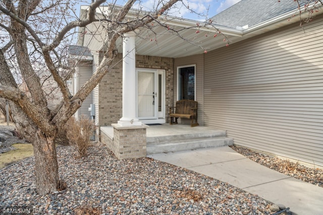 20595 Kearney Path, Lakeville, MN 55044 - doorway to property featuring brick siding and roof with shingles