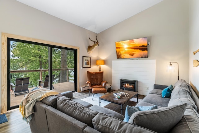 2625 7th Ave, Chetek, WI 54728 - living room with baseboard heating, wood finished floors, a glass covered fireplace, and high vaulted ceiling