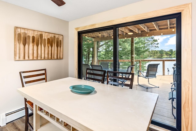 2625 7th Ave, Chetek, WI 54728 - dining space featuring a baseboard heating unit, wood finished floors, healthy amount of natural light, and a water view