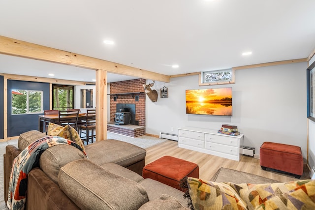 2625 7th Ave, Chetek, WI 54728 - living area with baseboard heating, a baseboard heating unit, a wood stove, light wood-style flooring, and recessed lighting