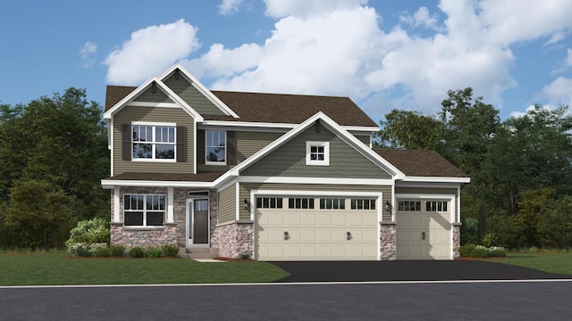 259 Overlook Ct, Delano, MN 55328 - craftsman-style home featuring stone siding, driveway, a front lawn, and roof with shingles