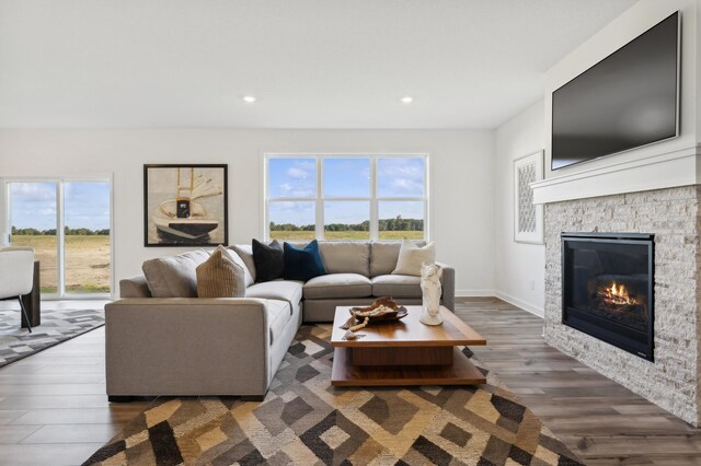259 Overlook Ct, Delano, MN 55328 - living room featuring wood finished floors, a fireplace, recessed lighting, and baseboards
