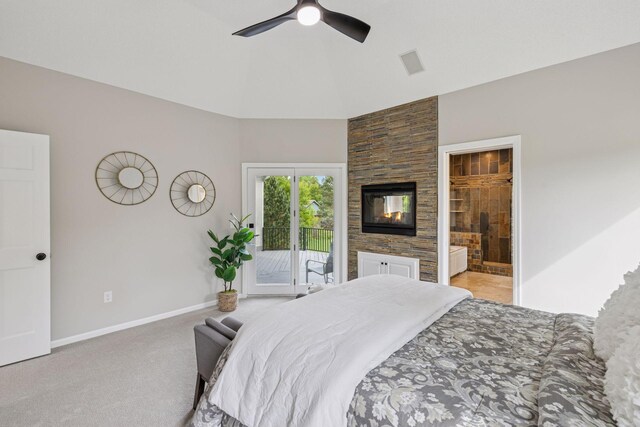 17032 Valley Dr NW, Andover, MN 55304 - carpeted bedroom with access to outside, baseboards, ensuite bath, high vaulted ceiling, and ceiling fan