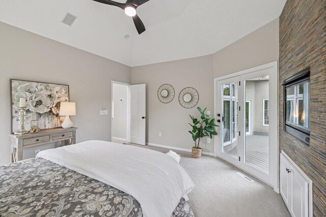 17032 Valley Dr NW, Andover, MN 55304 - bedroom with access to outside, carpet flooring, high vaulted ceiling, baseboards, and ceiling fan