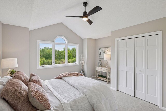17032 Valley Dr NW, Andover, MN 55304 - bedroom featuring light carpet, vaulted ceiling, a closet, ceiling fan, and baseboards