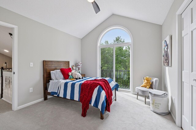 17032 Valley Dr NW, Andover, MN 55304 - carpeted bedroom featuring lofted ceiling, a ceiling fan, baseboards, and access to outside
