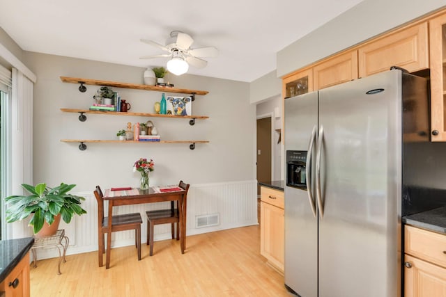3350 Virginia Ave S, Saint Louis Park, MN 55426 - kitchen featuring stainless steel fridge with ice dispenser, light brown cabinets, ceiling fan, light wood-style floors, and a wainscoted wall
