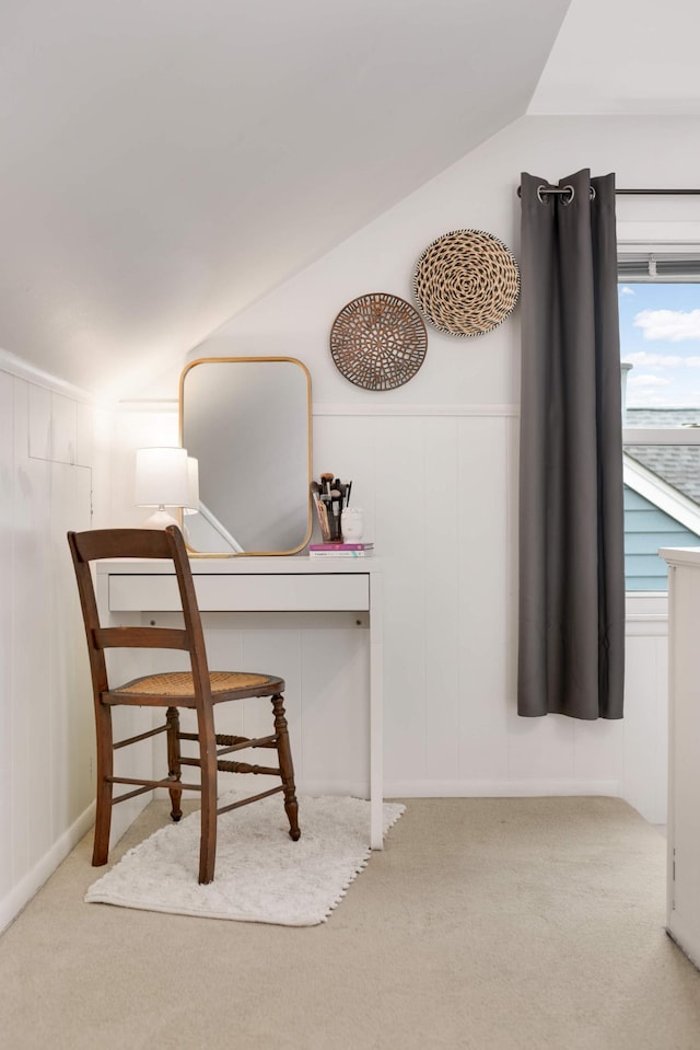 3350 Virginia Ave S, Saint Louis Park, MN 55426 - carpeted home office featuring vaulted ceiling and a decorative wall