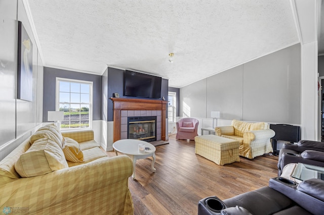 3022 Sandy Beach Rd, Hatton, ND 58240 - living room featuring a textured ceiling, a fireplace, wood finished floors, and crown molding