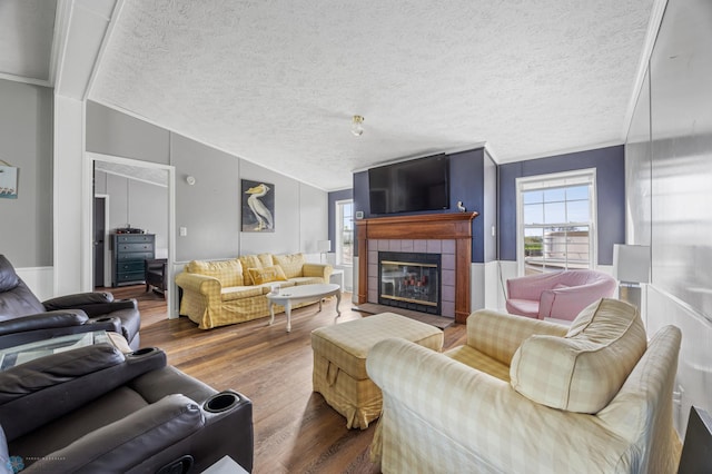 3022 Sandy Beach Rd, Hatton, ND 58240 - living room with a textured ceiling, wood finished floors, and a fireplace