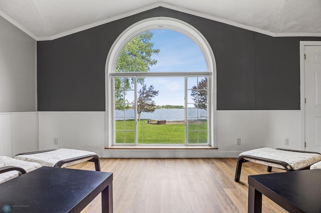 3022 Sandy Beach Rd, Hatton, ND 58240 - living area featuring a water view, light wood-style flooring, a wainscoted wall, lofted ceiling, and ornamental molding