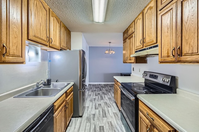 3944 76th Way E, Inver Grove Heights, MN 55076 - kitchen featuring range with electric cooktop, under cabinet range hood, a sink, brown cabinetry, and dishwasher