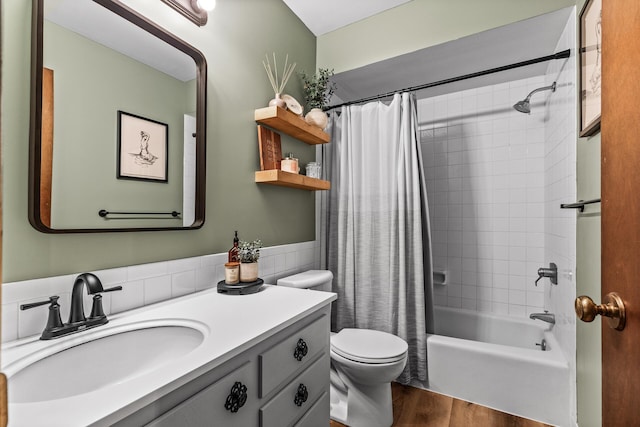 2200 Nevada Ave S Unit 320, Saint Louis Park, MN 55426 - bathroom with vanity, shower / tub combo with curtain, wood finished floors, and tile walls