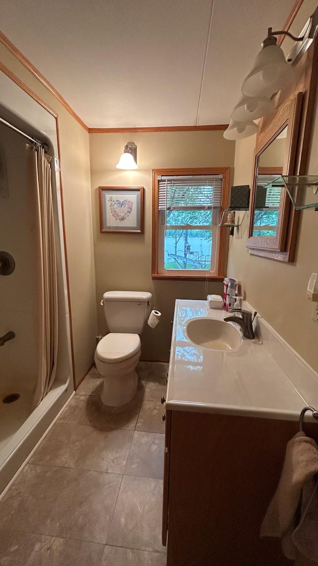 26302 Lakeview Dr, Comfort Twp, MN 55051 - bathroom with vanity, ornamental molding, toilet, and a shower stall