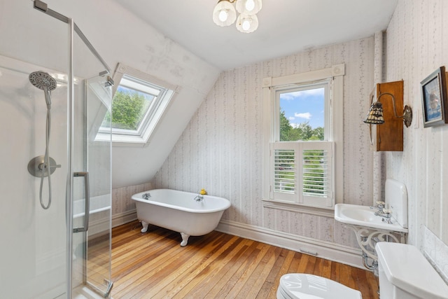 216 Summit Ave, Center City, MN 55012 - full bathroom featuring toilet, hardwood / wood-style flooring, vaulted ceiling, a stall shower, and healthy amount of natural light