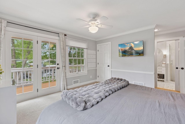 1709 Baywood Ln, Mound, MN 55364 - carpeted bedroom featuring access to exterior, ornamental molding, baseboards, ensuite bathroom, and ceiling fan