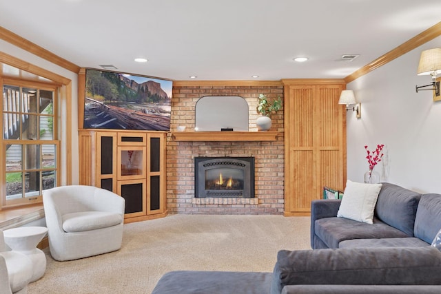 1709 Baywood Ln, Mound, MN 55364 - carpeted living room featuring crown molding, a brick fireplace, and recessed lighting