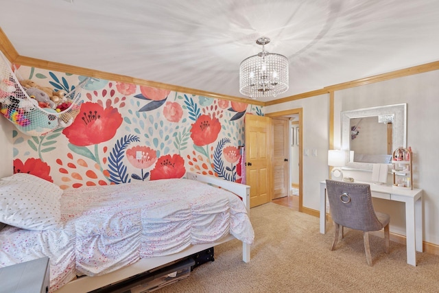 1709 Baywood Ln, Mound, MN 55364 - carpeted bedroom featuring a chandelier, baseboards, and ornamental molding