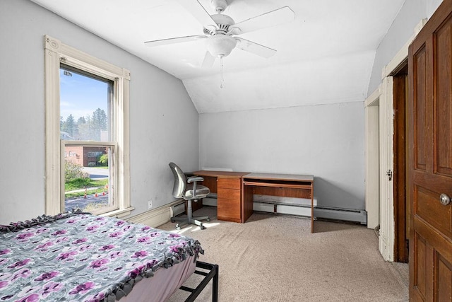 2718 3rd St, Duluth, MN 55806 - bedroom with vaulted ceiling, light colored carpet, a ceiling fan, and a baseboard radiator