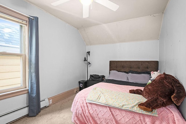 2718 3rd St, Duluth, MN 55806 - carpeted bedroom with vaulted ceiling, a baseboard heating unit, baseboard heating, and a ceiling fan