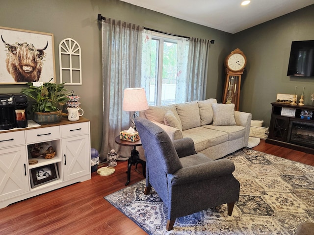 1612 17th St SW, Austin, MN 55912 - living area featuring dark wood finished floors and recessed lighting