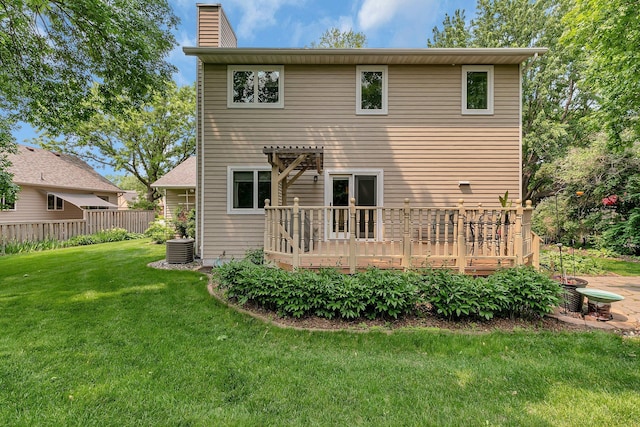 2904 Park Dr, Saint Cloud, MN 56303 - back of property with a wooden deck, a chimney, and a pergola