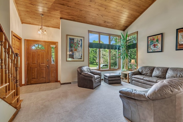 2904 Park Dr, Saint Cloud, MN 56303 - carpeted living area with wood ceiling, stairs, a chandelier, and lofted ceiling