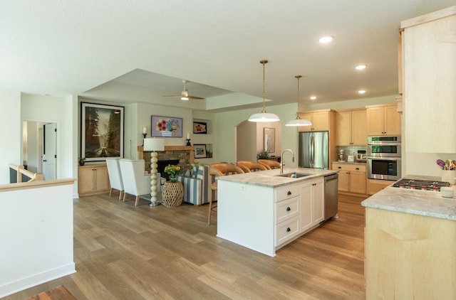 31709 Green Scene Dr, Breezy Point, MN 56472 - kitchen featuring appliances with stainless steel finishes, a sink, open floor plan, a fireplace, and light wood-style floors