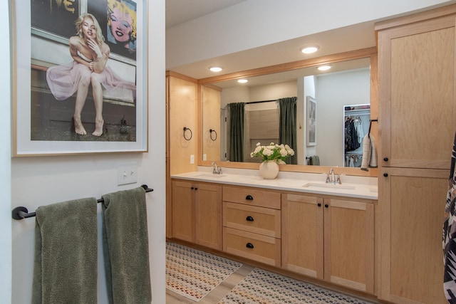 31709 Green Scene Dr, Breezy Point, MN 56472 - bathroom with double vanity, recessed lighting, wood finished floors, and curtained shower