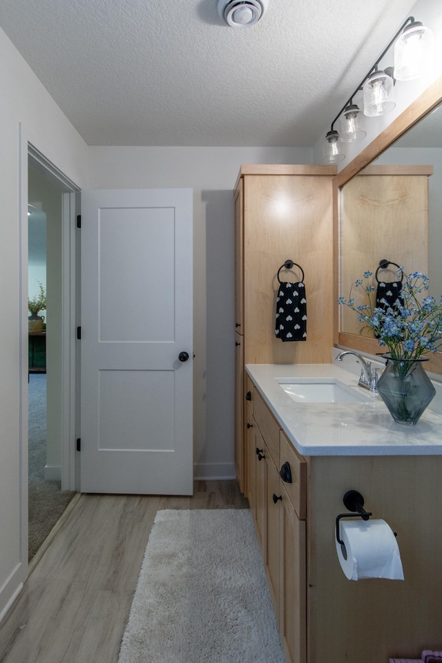 31709 Green Scene Dr, Breezy Point, MN 56472 - bathroom with vanity, wood finished floors, and a textured ceiling