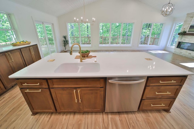 20482 Lord Rd, Center Twp, MN 56465 - kitchen featuring dishwasher, a chandelier, lofted ceiling, light wood-type flooring, and healthy amount of natural light