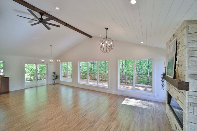 20482 Lord Rd, Center Twp, MN 56465 - unfurnished living room featuring a chandelier, a stone fireplace, recessed lighting, light wood finished floors, and ceiling fan