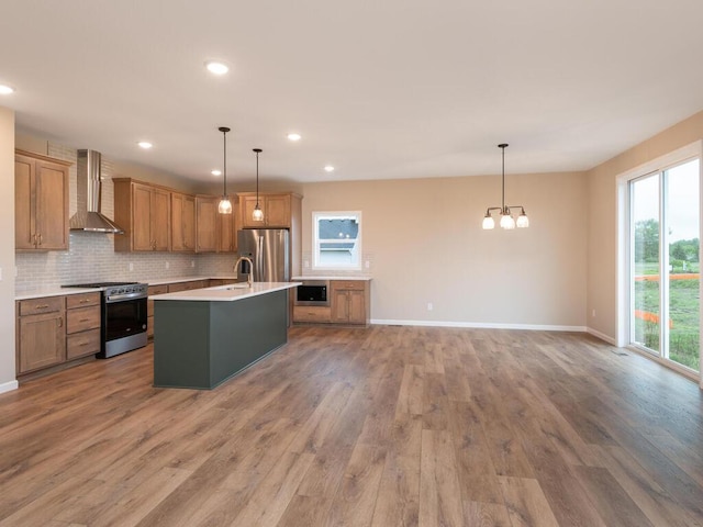 5393 177th St W, Lakeville, MN 55044 - kitchen with appliances with stainless steel finishes, wall chimney range hood, wood finished floors, light countertops, and decorative backsplash