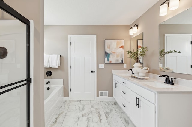 6730 Tamarack Ln, Corcoran, MN 55340 - full bath with marble look tile flooring, a bath, double vanity, baseboards, and a shower stall