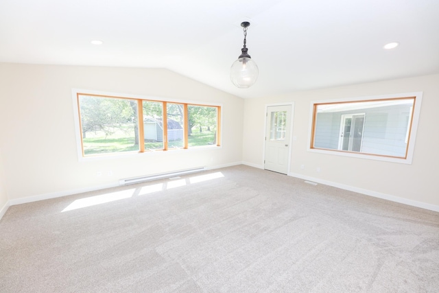 1202 Ridgeview Ter NE, Alexandria, MN 56308 - spare room with a baseboard heating unit, lofted ceiling, light carpet, baseboards, and recessed lighting